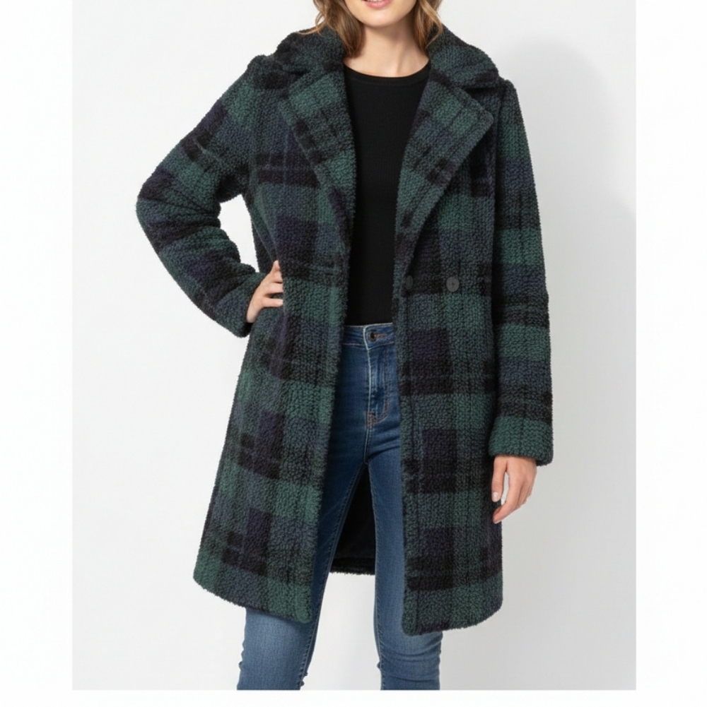 Belle Vere Teddy Bouclé Double Breasted Oversized Coat Tartan Plaid‎ Preppy